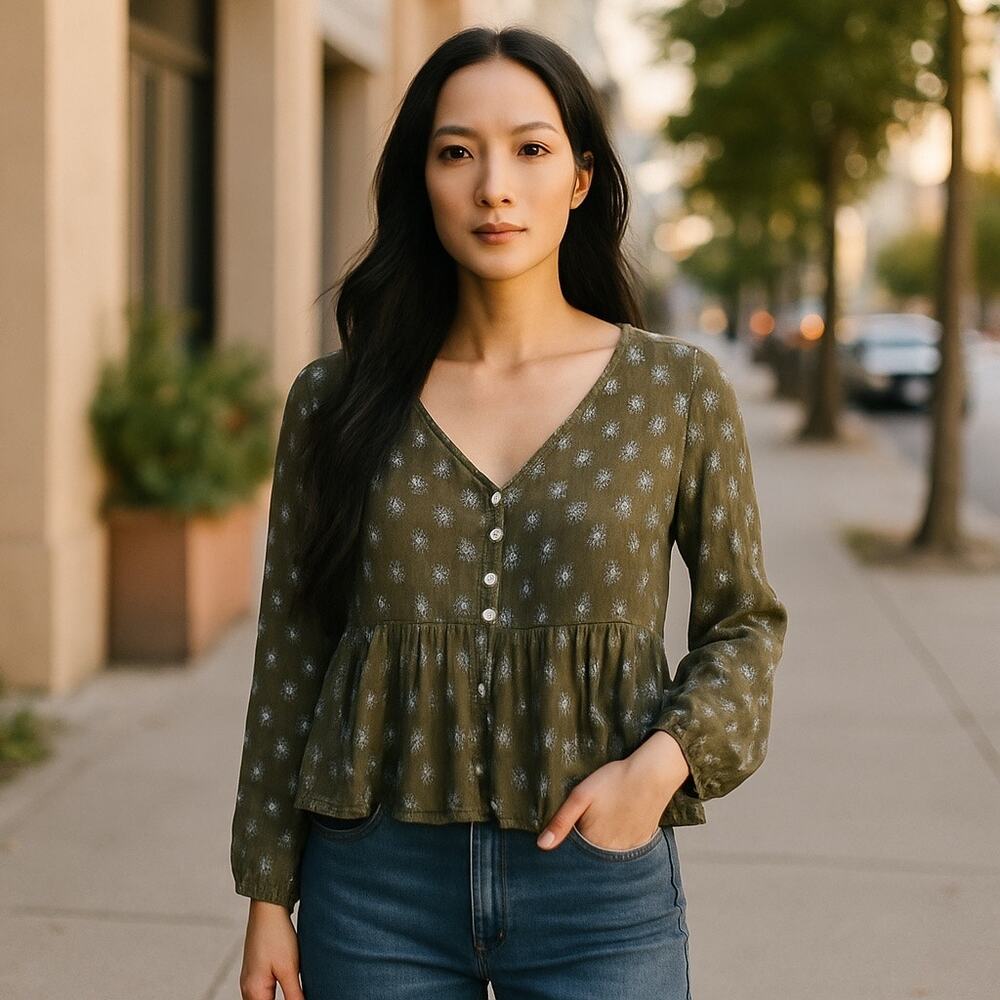 Lucky Brand New Women Ditsy Floral Modal Blend Long Sleeve Flowy Top Green Small